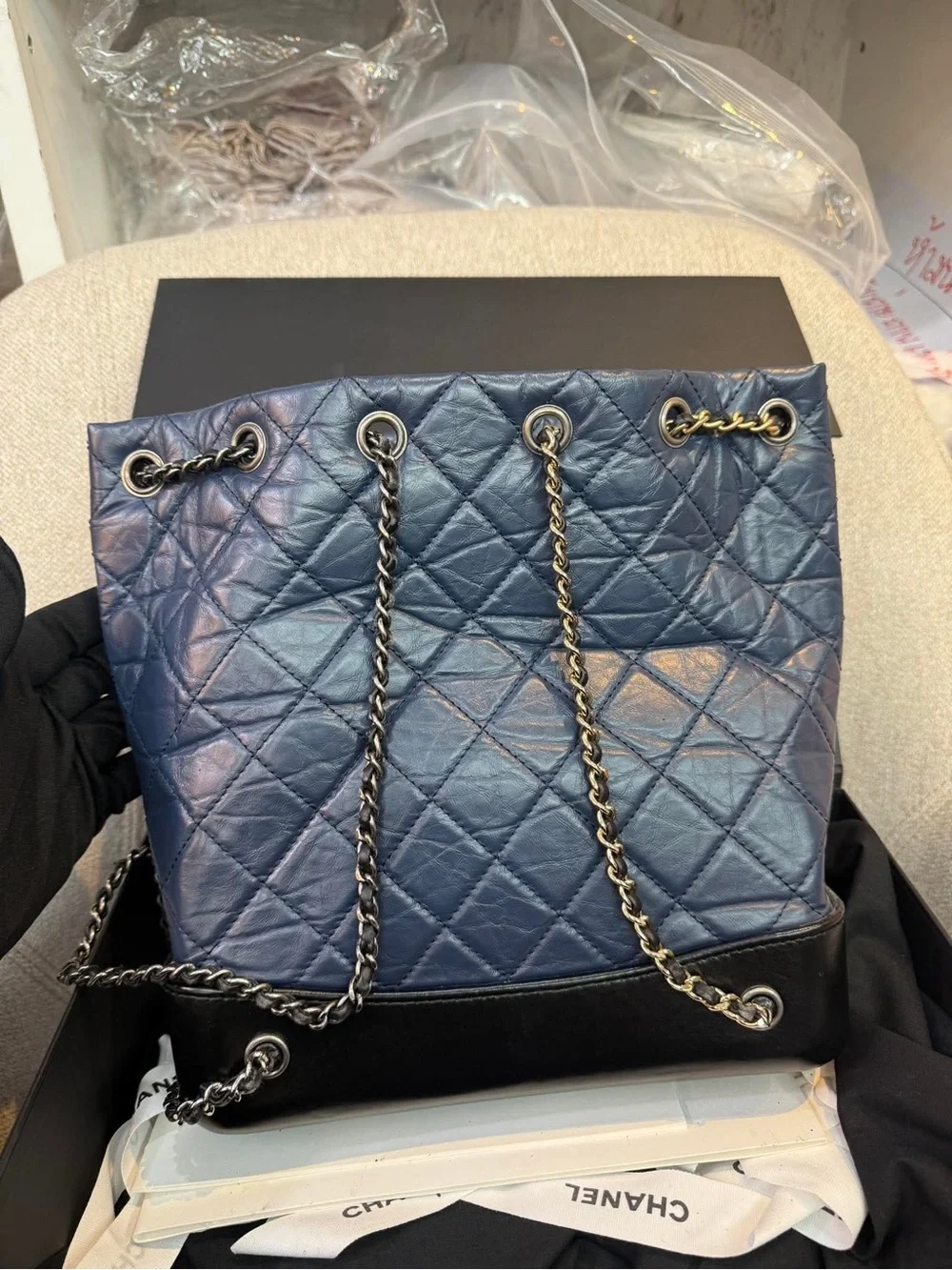 CHANEL Navy Quilted Leather Drawstring Shoulder Bag with Black Base Medium